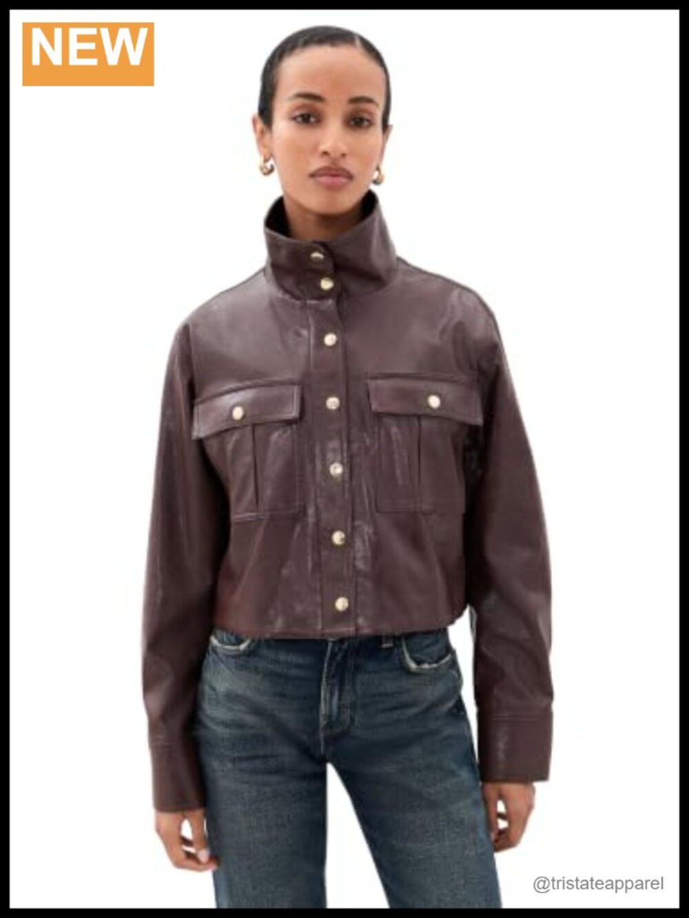 Women's Faux Leather Cropped Jacket, Snap Flap & Hidden Zip, Funnel Neck